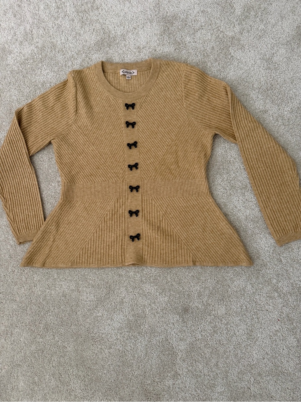 Nanette Lepore Camel Ribbed Peplum Sweater with Black Bow Buttons